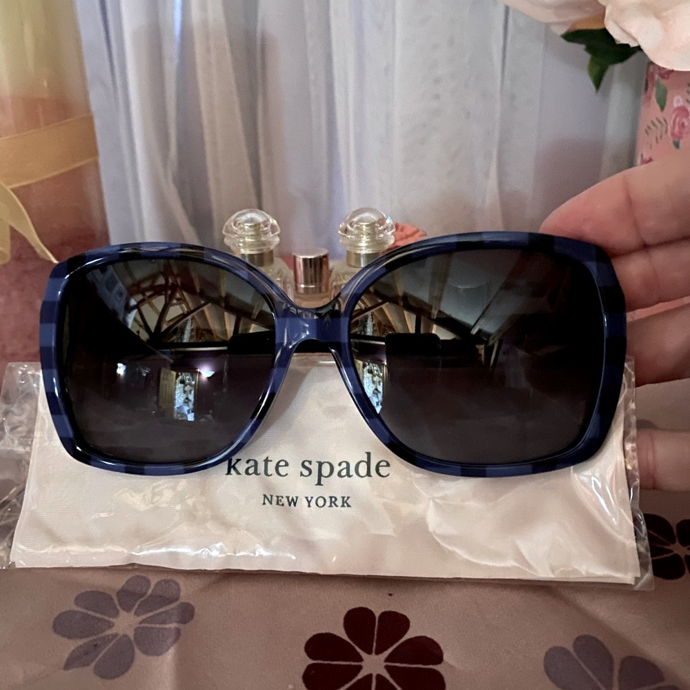 Kate Spade oversized sunglasses blue with black stripes in original case.